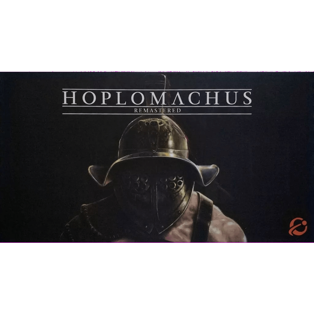 The Hoplomachus: Remastered box cover by Chip Theory Games features a shadowed, helmeted gladiator in armor, the game title above, and a small red logo in the bottom right corner.