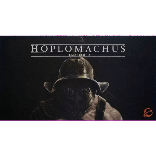 The Hoplomachus: Remastered box cover by Chip Theory Games features a shadowed, helmeted gladiator in armor, the game title above, and a small red logo in the bottom right corner.