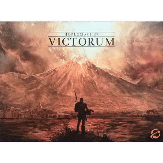 A lone warrior with a spear surveys a riverside city as a volcano erupts behind him. Above, the text reads Hoplomachus: Victorum, an epic solo board game from Chip Theory Games.