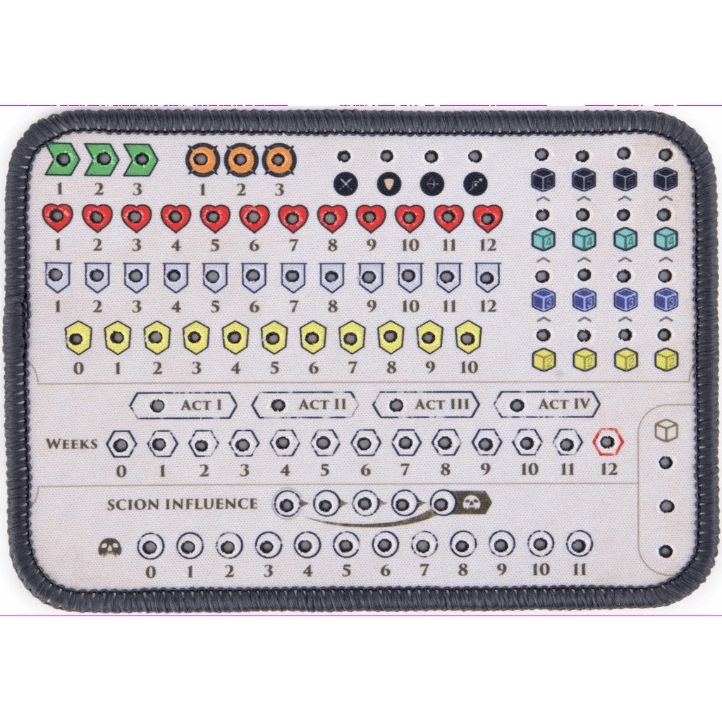 The Hoplomachus: Victorum – Premium Hero Tracker Mat by Chip Theory Games is a rectangular mat with colorful cubes, hearts, hexagons, and circles in labeled sections for weeks, acts, and scion influence—all bordered in black.