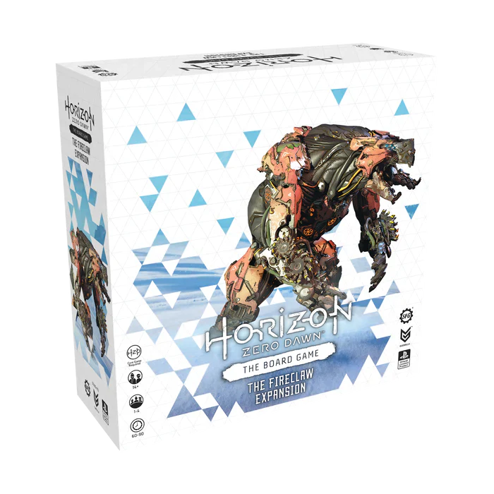 The Horizon Zero Dawn: The Board Game – Fireclaw Expansion by Steamforged Games comes in a white box featuring a striking, bear-like robotic creature with metal armor and orange accents, showcasing this thrilling add-on.
