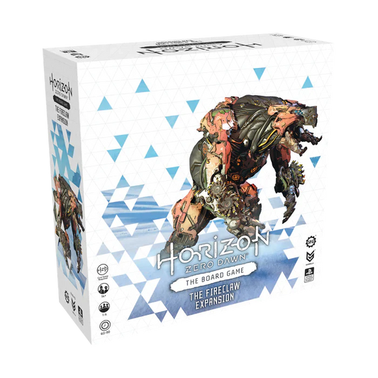The Horizon Zero Dawn: The Board Game – Fireclaw Expansion by Steamforged Games comes in a white box featuring a striking, bear-like robotic creature with metal armor and orange accents, showcasing this thrilling add-on.