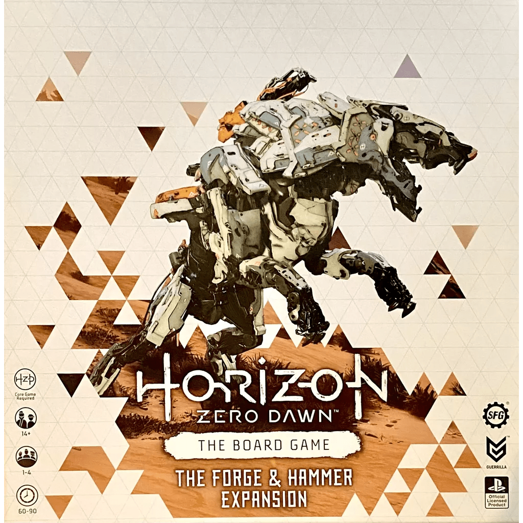 Box cover for Horizon Zero Dawn: The Board Game – Forge and Hammer Expansion by Steamforged Games, showing a large mechanical beast, the exclusive Oseram Hunter miniature, plus game details and logos on a geometric backdrop.