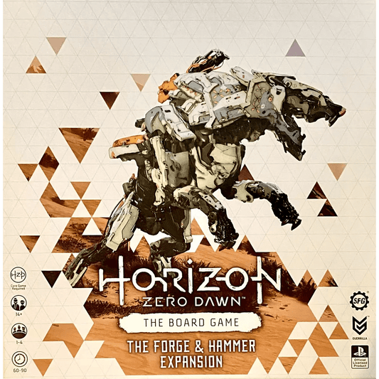Box cover for Horizon Zero Dawn: The Board Game – Forge and Hammer Expansion by Steamforged Games, showing a large mechanical beast, the exclusive Oseram Hunter miniature, plus game details and logos on a geometric backdrop.