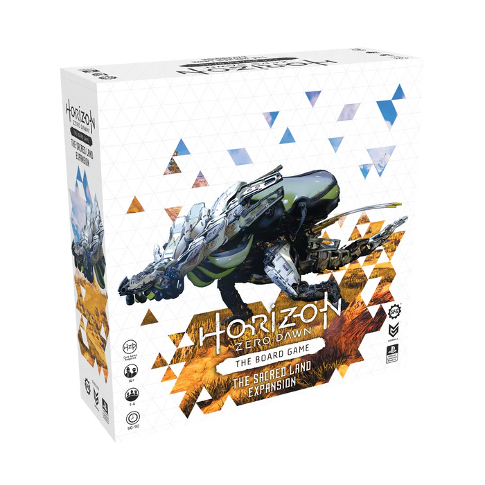 The white box of Horizon Zero Dawn: The Board Game – Sacred Land Expansion by Steamforged Games features a mechanical creature among geometric patterns, emphasizing the Nora Hunters’ role in the adventure.