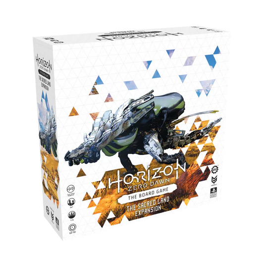 The white box of Horizon Zero Dawn: The Board Game – Sacred Land Expansion by Steamforged Games features a mechanical creature among geometric patterns, emphasizing the Nora Hunters’ role in the adventure.