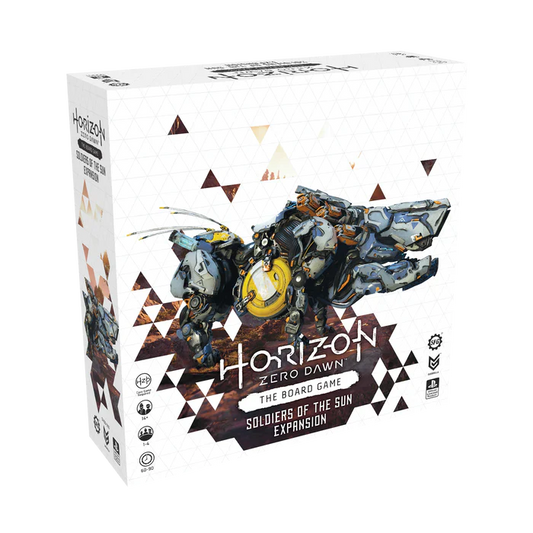 Steamforged Games' Horizon Zero Dawn: The Board Game – Soldiers of the Sun Expansion comes in a white box with artwork of a mechanical beast, geometric patterns, and Carja miniatures shown on the front.