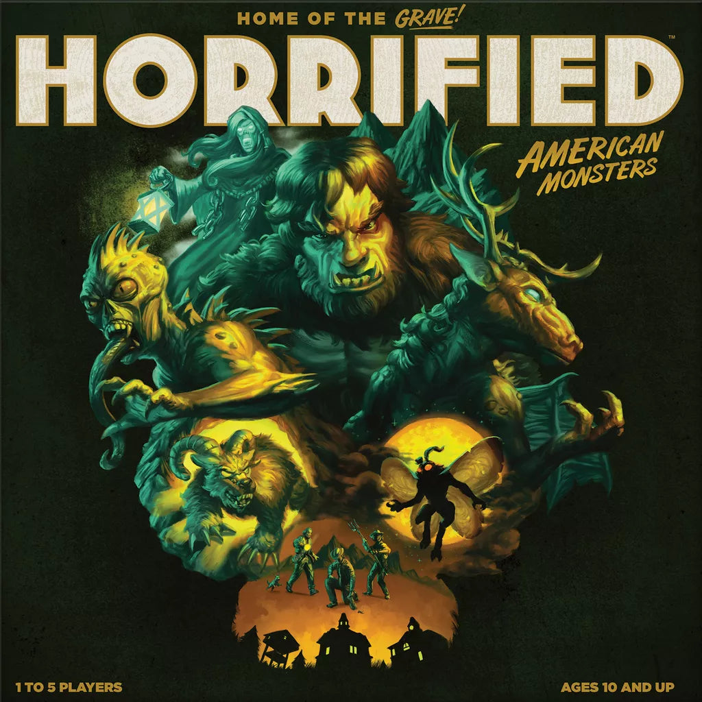 Horrified: American Monsters by Ravensburger—cooperative board game cover shows Bigfoot, Mothman, and other legendary monsters encircling glowing people above houses. Player count and age range are displayed in the text.