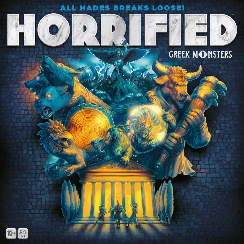 The box art for Horrified: Greek Monsters by Ravensburger showcases a glowing Greek temple surrounded by legendary creatures—including a lion, minotaur, and Medusa—with three small human figures standing at the entrance.