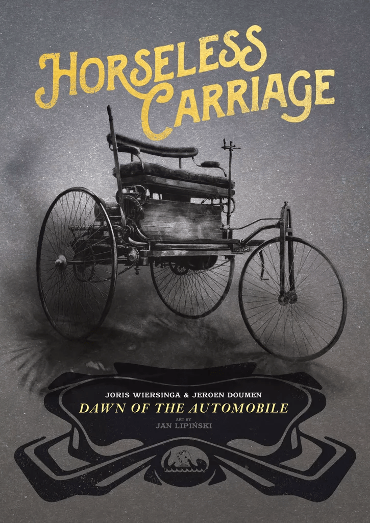 A black-and-white photo of an early car with spoked wheels and basic seat. The title "Horseless Carriage" appears above in large yellow letters. Product: Horseless Carriage by Splotter Spellen.