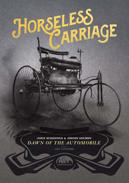 A black-and-white photo of an early car with spoked wheels and basic seat. The title "Horseless Carriage" appears above in large yellow letters. Product: Horseless Carriage by Splotter Spellen.