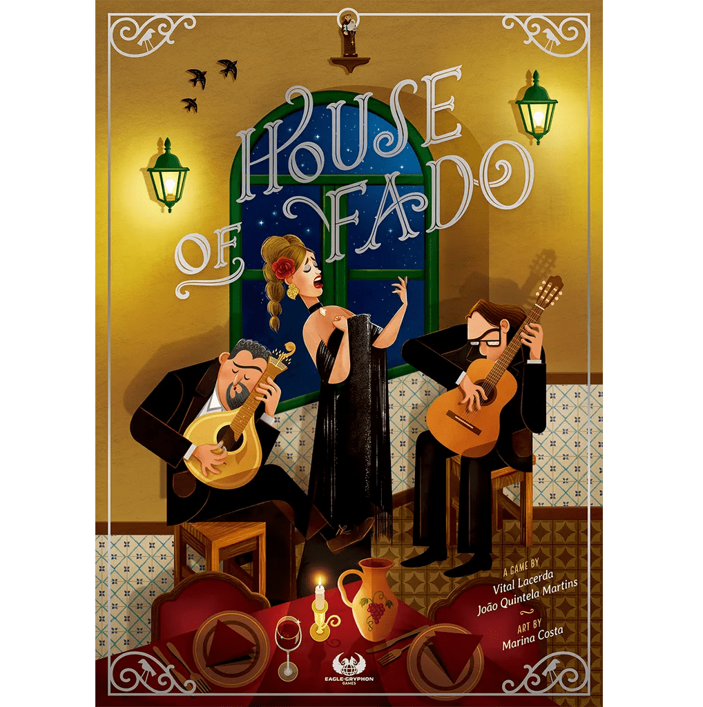 Poster for House of Fado by Eagle-Gryphon Games, showing a passionate woman singing as two musicians play guitar and mandolin in a cozy room with nighttime window view and Portuguese decor.