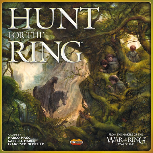 Cover art for Hunt for the Ring by Ares Games shows four hobbits hiding in lush green foliage as a Ringwraith passes below. The board game’s title, Hunt for the Ring, is large and prominent across the top.