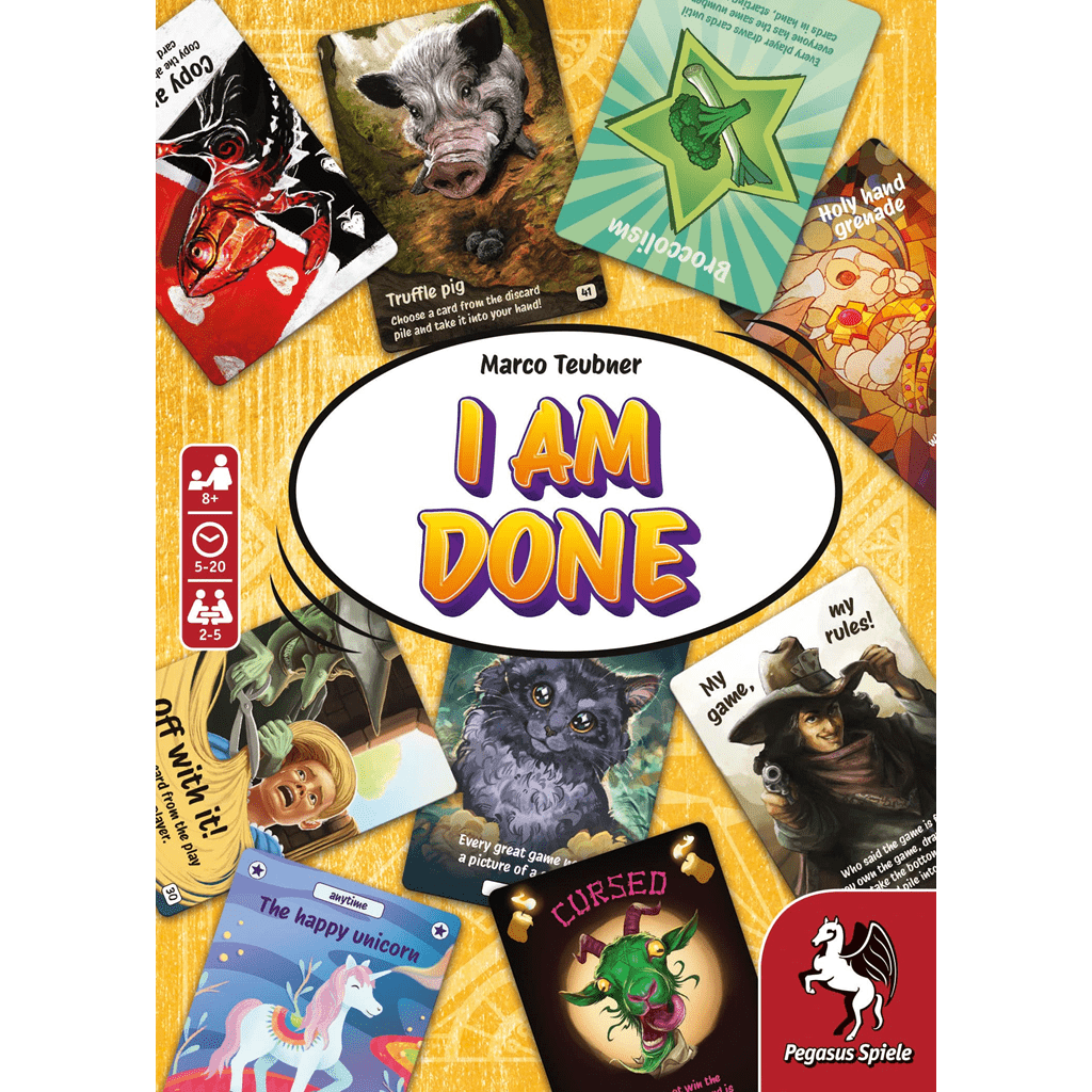 Box cover of the I AM DONE card game by Pegasus Spiele, showing illustrated animal cards, playful text, game info icons, and the Pegasus Spiele logo in the lower right corner.