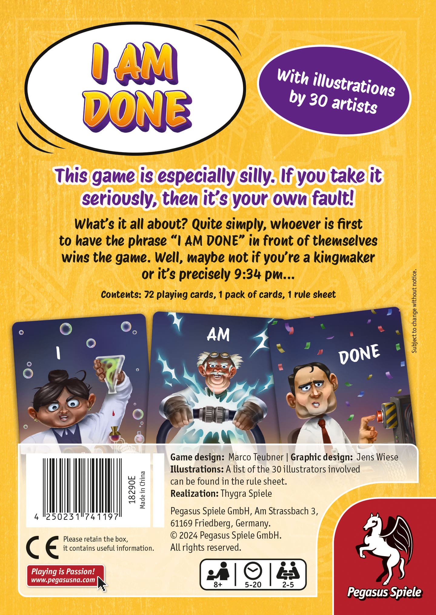The back cover of I AM DONE by Pegasus Spiele displays vibrant art of surprised characters, bold game descriptions, and details about the contents, creators, and publisher.