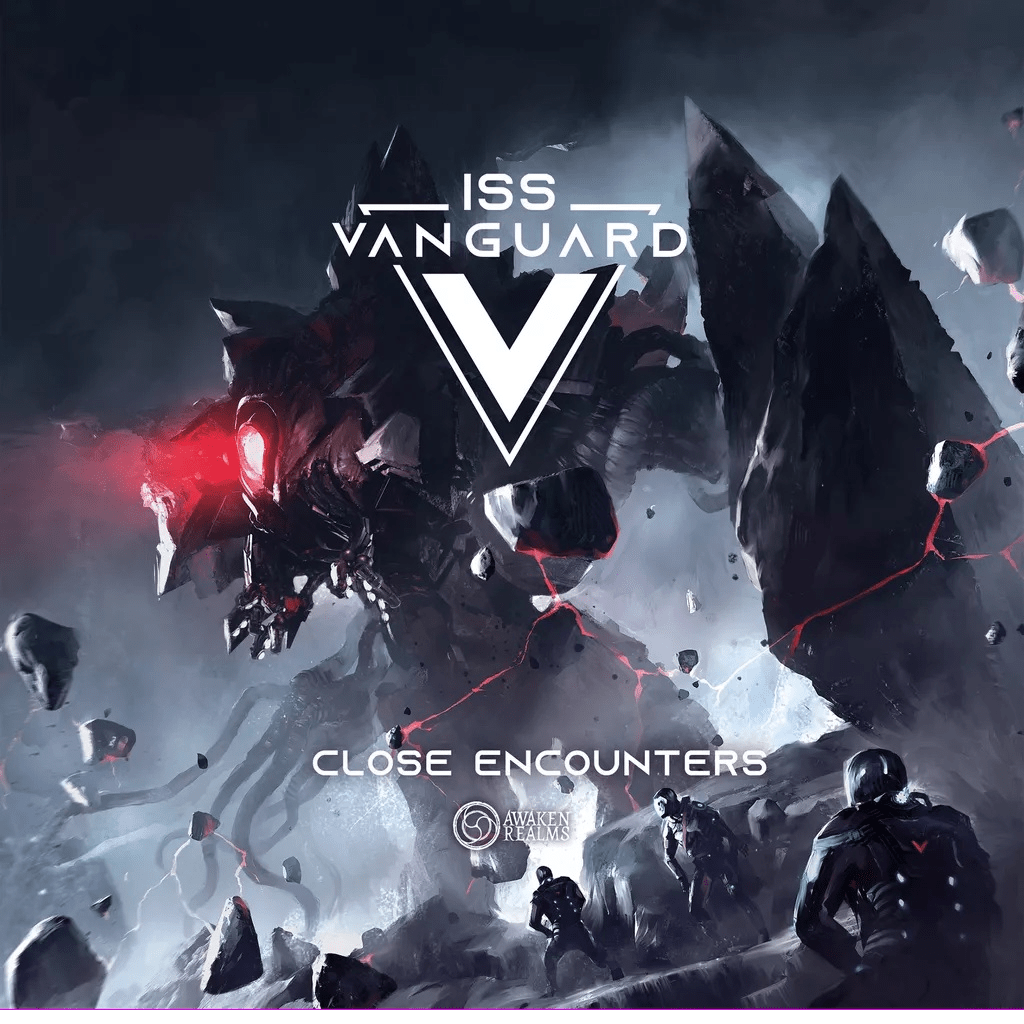 The ISS Vanguard: Close Encounters Expansion by Awaken Realms showcases striking plastic miniatures of robotic creatures and armored explorers set against a dramatic, stormy alien landscape.