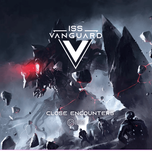 The ISS Vanguard: Close Encounters Expansion by Awaken Realms showcases striking plastic miniatures of robotic creatures and armored explorers set against a dramatic, stormy alien landscape.