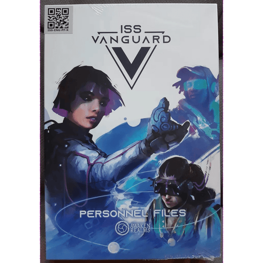 The ISS Vanguard: Personnel Files Expansion by Awaken Realms features a cover with three futuristic crew members in sci-fi suits and VR gear. Unlock new veteran cards and crew quests in this exciting addition to the ISS Vanguard universe.