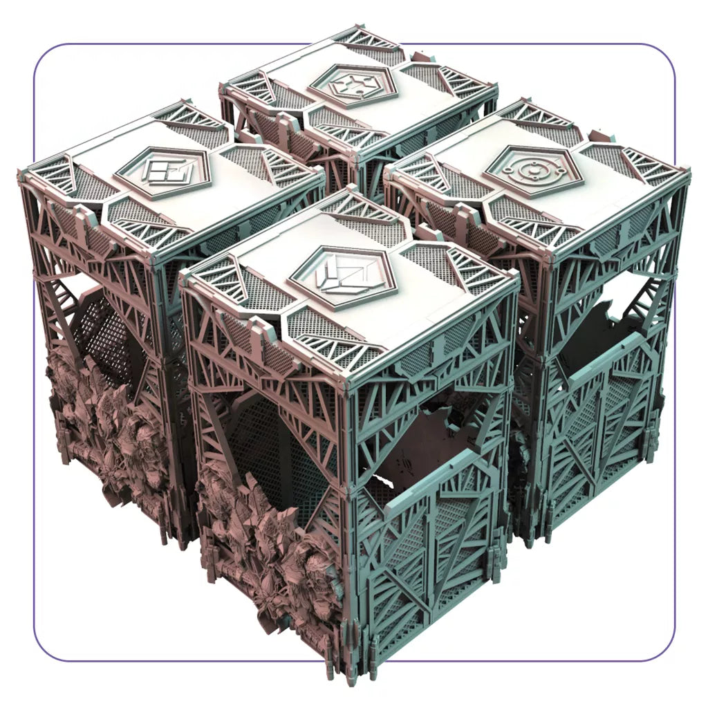 The ISS Vanguard: Section Boxes Expansion by Awaken Realms includes four futuristic, geometric section boxes with open sides and rock-like formations, reminiscent of ISS Vanguard modules, arranged closely together.