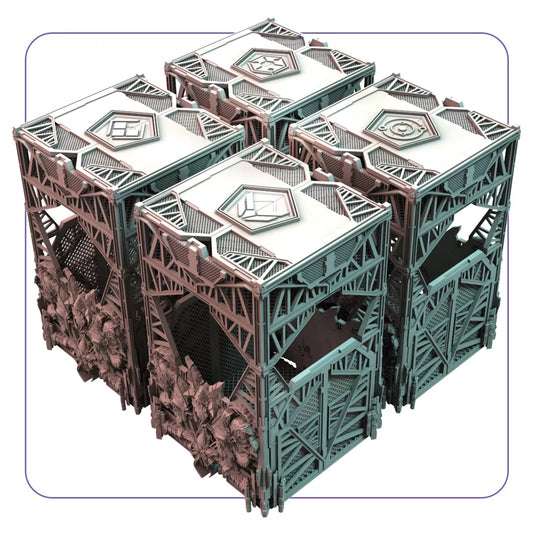 The ISS Vanguard: Section Boxes Expansion by Awaken Realms includes four futuristic, geometric section boxes with open sides and rock-like formations, reminiscent of ISS Vanguard modules, arranged closely together.
