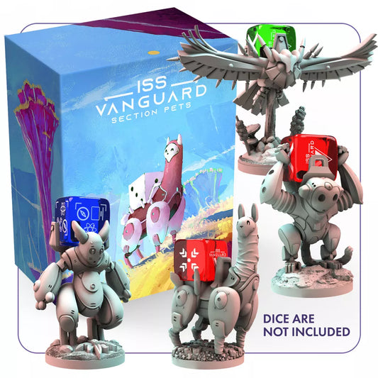 ISS Vanguard: Section Pets Expansion by Awaken Realms box shown next to four detailed P.E.T models (owl, bear, llama, turtle), each with a colored die on its back. Note: dice are not included.