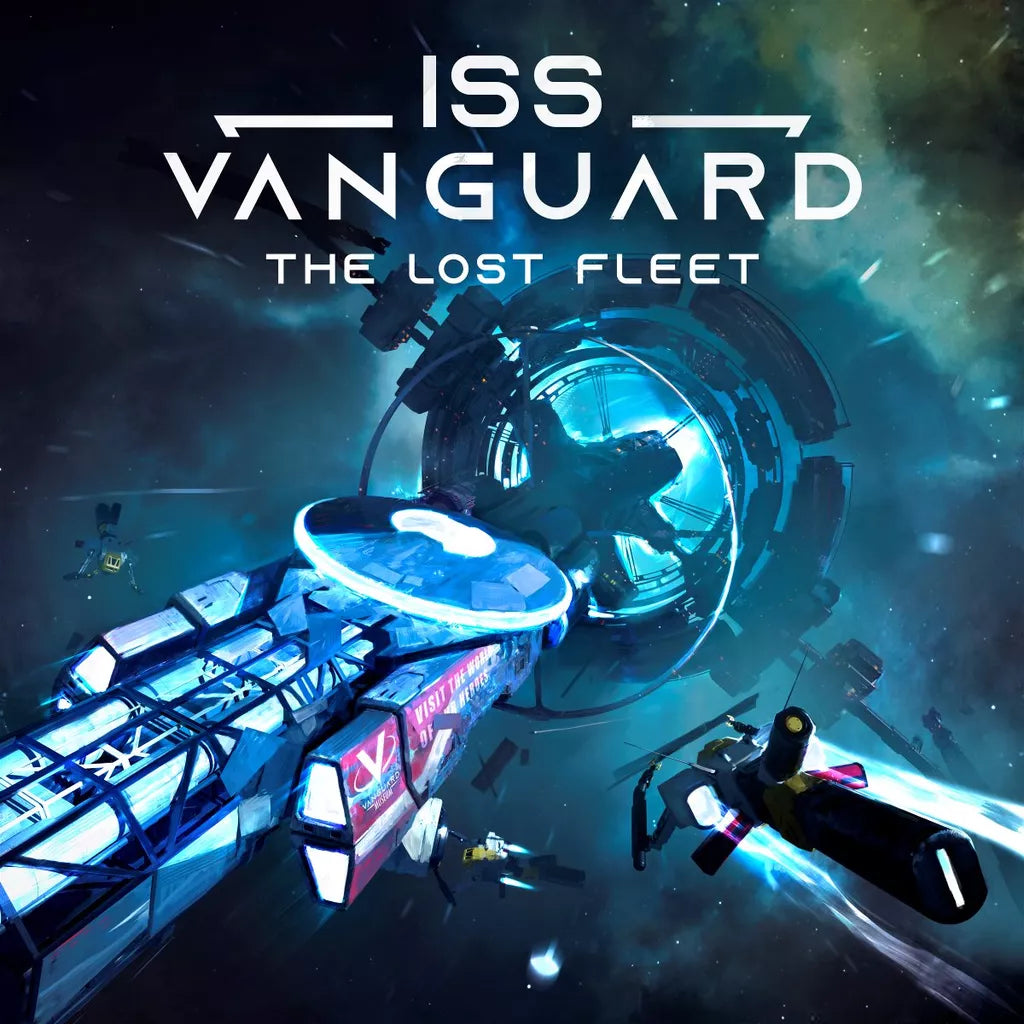 A massive space station glows blue in deep space as small craft drift nearby. The text “ISS Vanguard: The Lost Fleet Expansion” by Awaken Realms promises new adventures for the acclaimed board game.