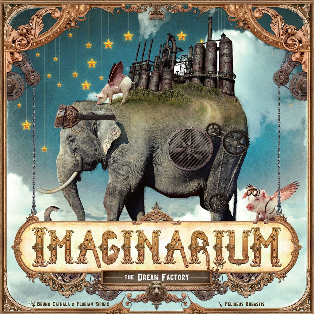 An elephant with gears and factories on its back walks among stars in the sky, joined by a winged pig and another pig with goggles. Below, "IMAGINARIUM" appears in ornate lettering. A board game by Bombyx.