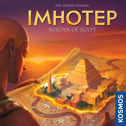 A stylized illustration of an ancient Egyptian figure overlooks a city with a pyramid under construction, inspired by the Imhotep board game. The image features the title "Imhotep" and the Kosmos brand name.