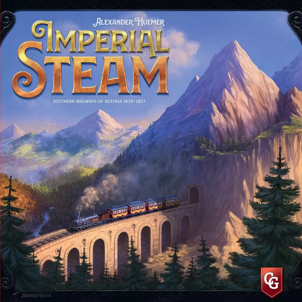 A steam train crosses a stone viaduct at sunset, capturing railway expansion. Text: Imperial Steam by Capstone Games.