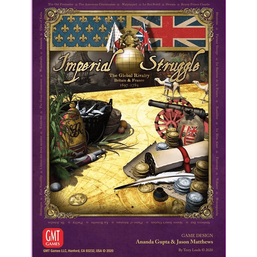 The Imperial Struggle box cover from GMT Games features British and French symbols, flags, cannons, coins, and a globe—evoking the epic rivalry of the Second Hundred Years’ War from Louis XIV to 1789.