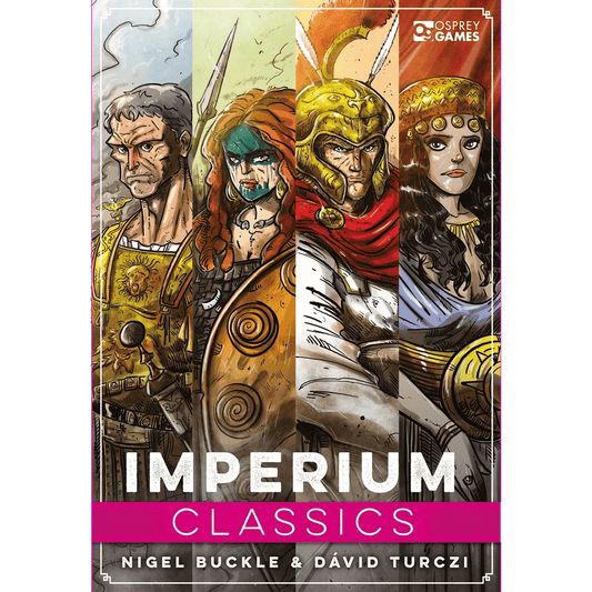 Four illustrated historical figures in detailed armor and clothing are divided by vertical lines. Imperium: Classics by Osprey Games is a civilization board game, with the Osprey Games logo in the top right corner.
