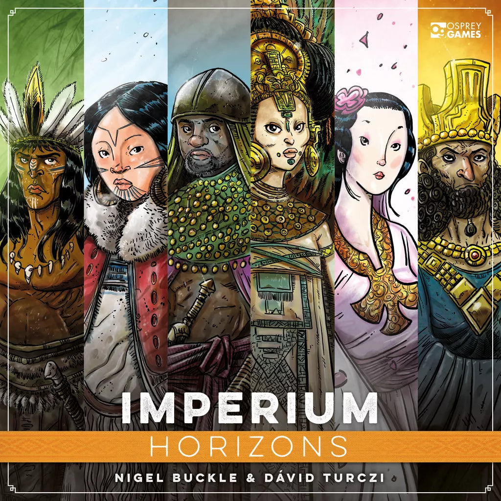 Six illustrated figures in historical costumes stand against vibrant backgrounds, highlighting the asymmetric civilizations from Imperium: Horizons, a standalone game by Osprey Games.