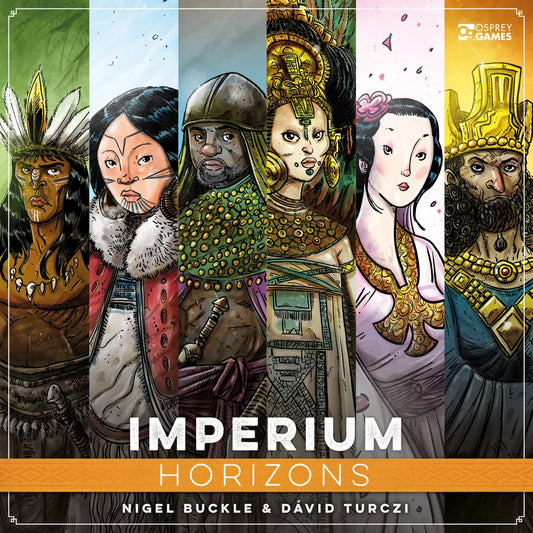 Six illustrated figures in historical costumes stand against vibrant backgrounds, highlighting the asymmetric civilizations from Imperium: Horizons, a standalone game by Osprey Games.