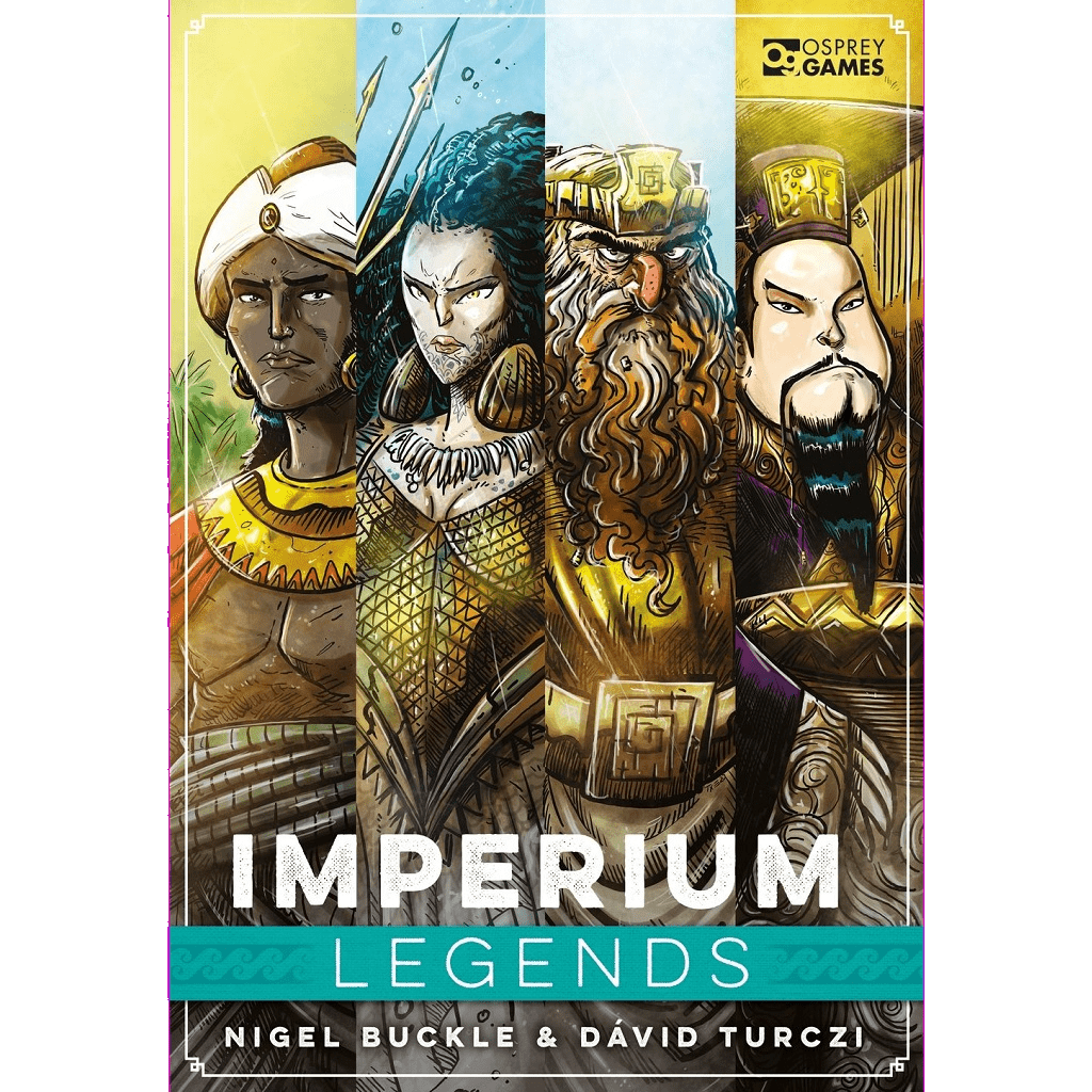 Four legendary rulers in ornate attire stand together on the Imperium: Legends box, a standalone board game from Osprey Games featuring asymmetric civilizations.