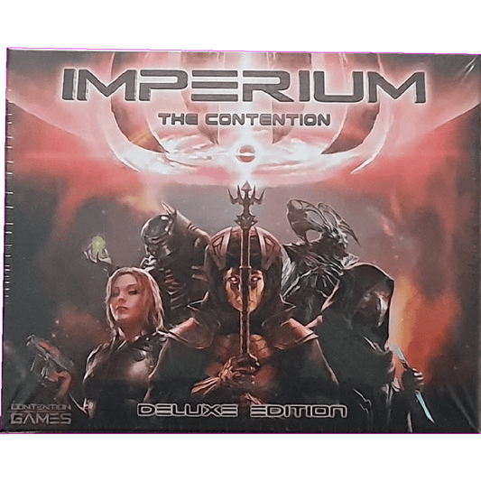 Box cover of Imperium: The Contention Deluxe Edition by Contention Games, a 4X card game, shows four armored alien figures against a cosmic backdrop, with bold metallic title text at the top.