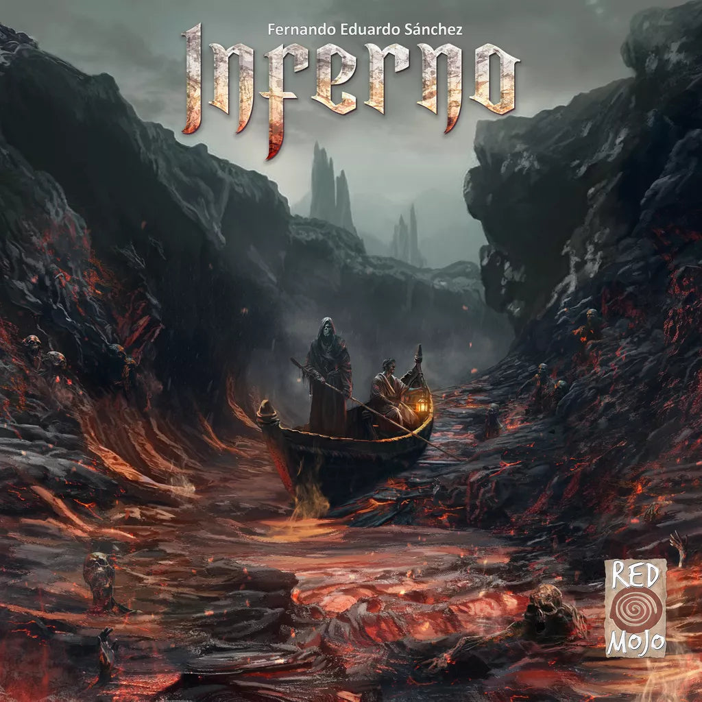 A hooded figure rows a passenger across a lava river in a dark, rocky land. The Inferno board game title appears above, with the Red Mojo brand logo in the bottom right corner.