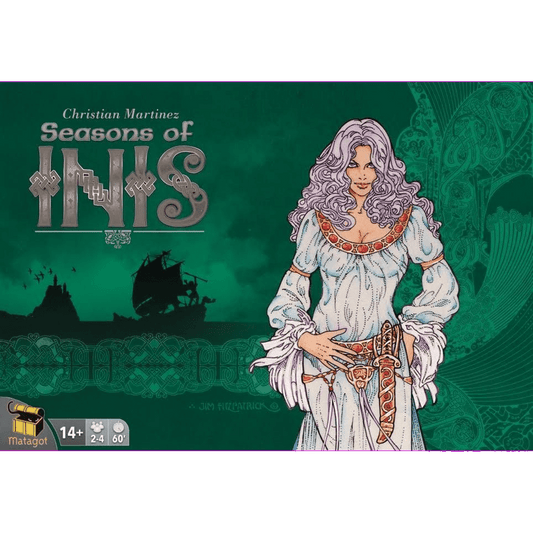 Box cover for Matagot’s Inis: Seasons of Inis Expansion shows a silver-haired woman in a white ornate dress on a green Celtic background with ships. For ages 14+, 2-4 players, 60 min.