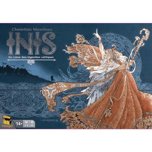 Illustration of a Celtic druid in ornate robes with a staff, set against Celtic patterns and warriors, evoking the spirit of Inis by Matagot—a celebrated Celtic strategy board game. Text features INIS and Christian Martinez alongside game information.