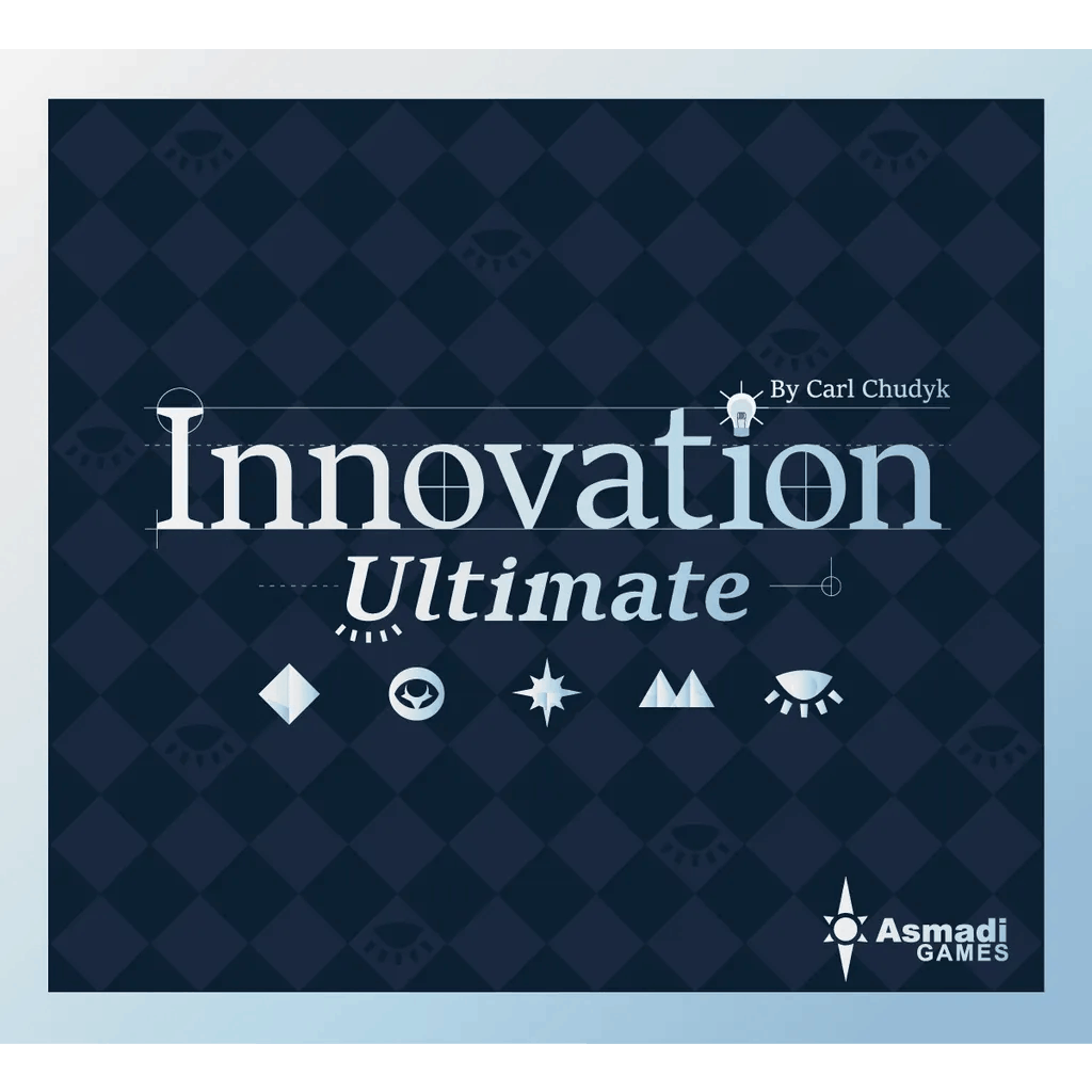 The image features the cover of Innovation Ultimate from Asmadi Games, displaying a bold title over a blue checkered background with white symbols.