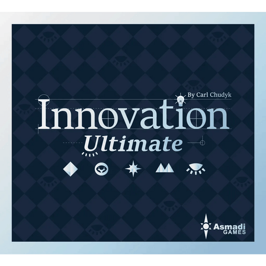 The image features the cover of Innovation Ultimate from Asmadi Games, displaying a bold title over a blue checkered background with white symbols.