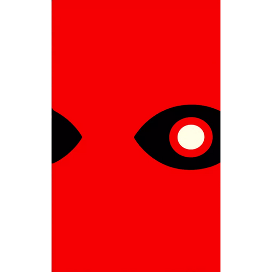 A minimalist red background with two black oval "eyes"—the right with a white center, the left solid black—adds an air of mystery, making this Oink Games' Insider cover perfect for social deduction games.