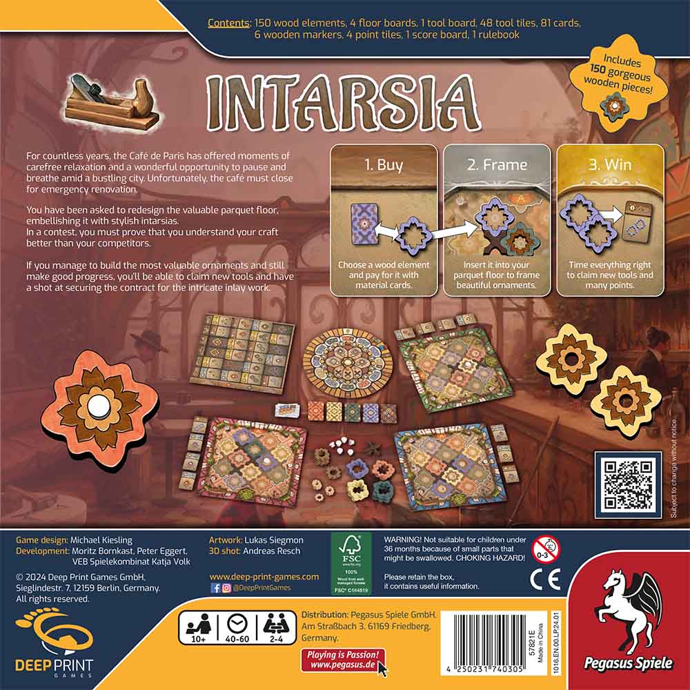 The back of the Intarsia box by Pegasus Spiele showcases parquet floor-inspired boards and tiles, colorful artwork, easy instructions, a game overview, and brand logos on a bold red background.