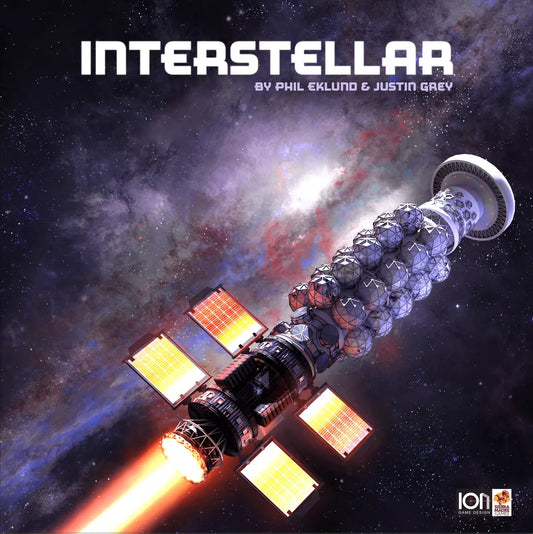 A futuristic spaceship with glowing engines soars past vibrant nebulae and stars. INTERSTELLAR by Ion Game Design is displayed at the top, showcasing this cooperative strategy game.