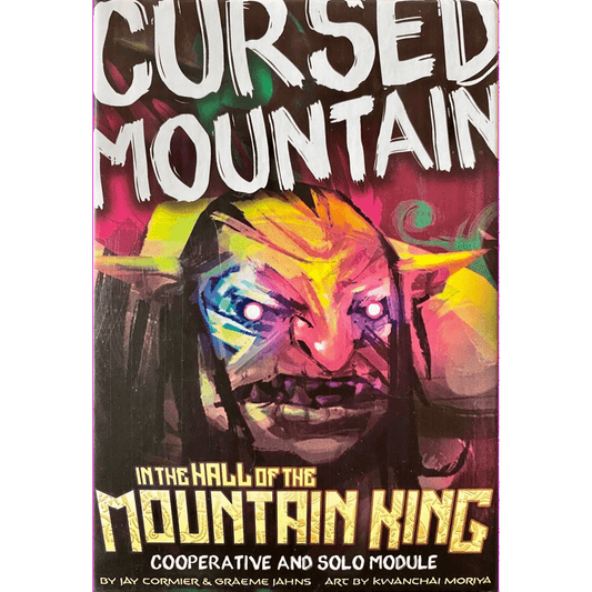The In the Hall of the Mountain King: Cursed Mountain Expansion from Burnt Island Games features striking cover art with a vibrant troll face and glowing eyes, and adds both cooperative and solo modules for players.