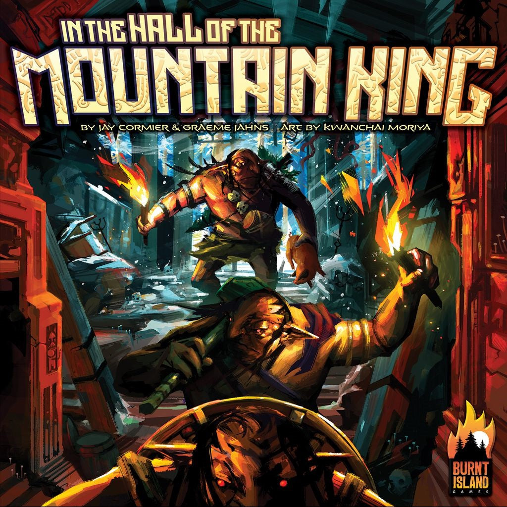 The cover of In the Hall of the Mountain King by Burnt Island Games shows three trolls with torches in a rocky cavern, with fiery hues and bold text capturing the feel of this fantasy polyomino tile game.