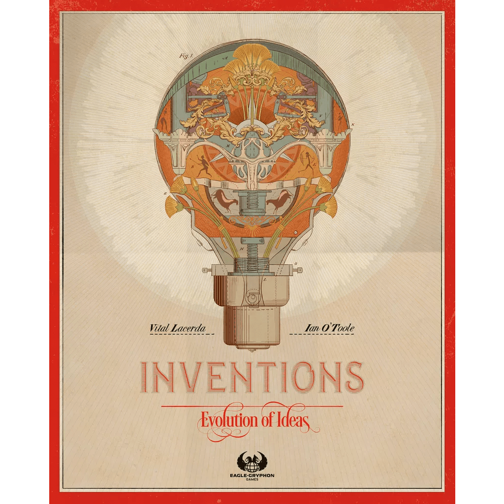 A vintage-style illustration of a gear-powered hot air balloon with "Inventions: Evolution of Ideas" on the cover, showcasing technological progress. Created by Eagle-Gryphon Games, with Vital Lacerda and Ian O’Toole credited.