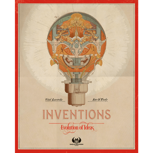 A vintage-style illustration of a gear-powered hot air balloon with "Inventions: Evolution of Ideas" on the cover, showcasing technological progress. Created by Eagle-Gryphon Games, with Vital Lacerda and Ian O’Toole credited.