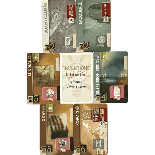 Six illustrated cards from Eagle-Gryphon Games' Inventions: Evolution of Ideas Promo Cards are arranged around a central promo card, highlighting inventions like the Sundial, Robots, X-ray, Suspension Bridge, Board Game, and Lacquer.