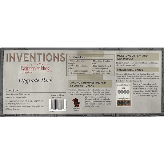 Back of the Inventions: Evolution of Ideas Including Upgrade Pack & Promo Cards Bundle box by Eagle-Gryphon Games, showing contents, credits, components, promo cards, and images of tokens and cards on a sleek gray background.
