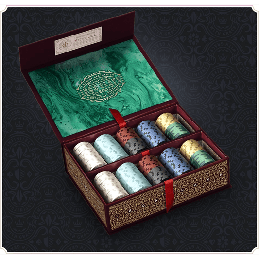 The Iron Clays 200 Printed Box with Chips by Roxley Games features a decorative open box with ornate gold detailing, a green interior with gold lettering, and ten stacks of colorful poker chips—perfect for euro style games.